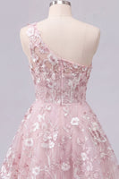 Laden Sie das Bild in den Galerie-Viewer, Ein Schulter pinkes Korsett A-Linie Blumen Kurzes Abendkleid mit einer Schulter