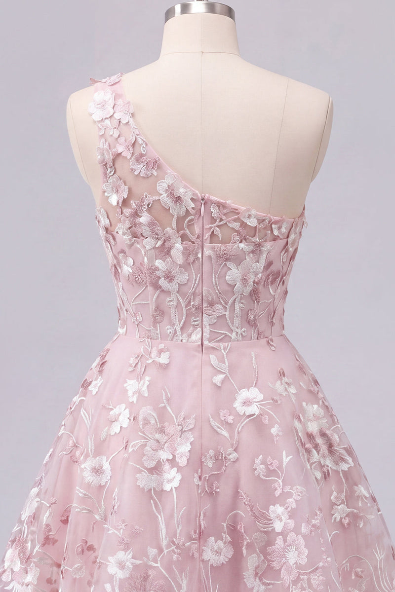 Laden Sie das Bild in den Galerie-Viewer, Ein Schulter pinkes Korsett A-Linie Blumen Kurzes Abendkleid mit einer Schulter
