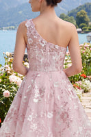Laden Sie das Bild in den Galerie-Viewer, Ein Schulter pinkes Korsett A-Linie Blumen Kurzes Abendkleid mit einer Schulter