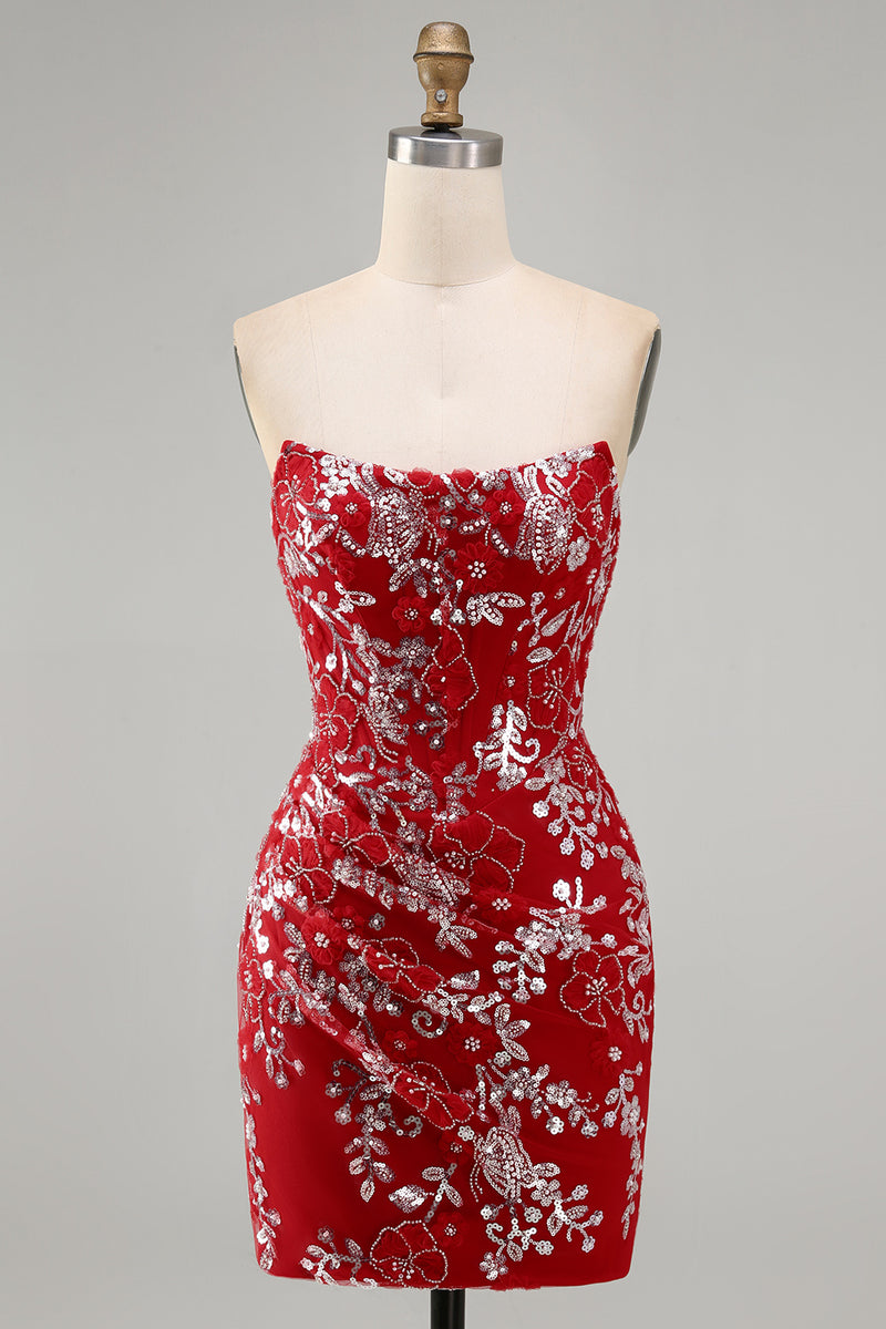 Laden Sie das Bild in den Galerie-Viewer, Glitzerndes Rotes Enges Strass Gerafftes Blumiges Trägerloses Kurzes Abendkleid