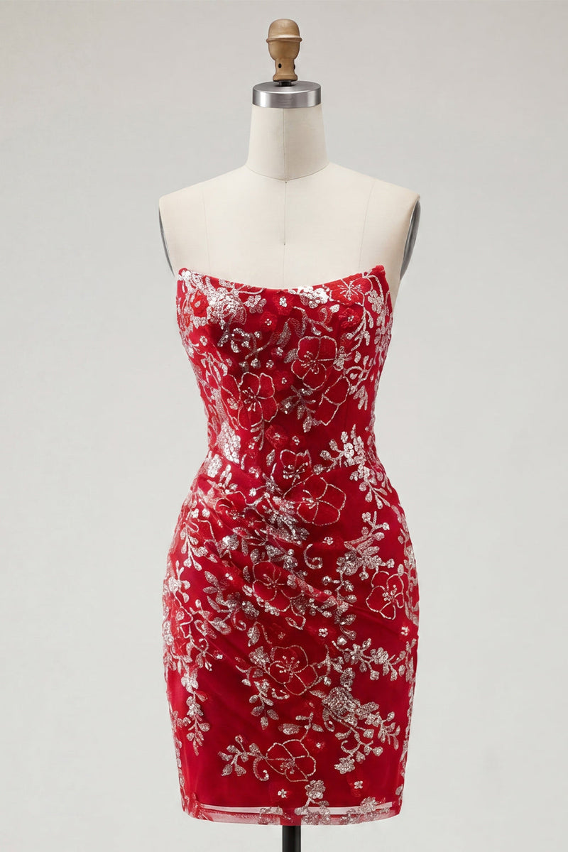 Laden Sie das Bild in den Galerie-Viewer, Glitzerndes rotes, enges kurzes, mit Perlen, gerafftes, blumiges, trägerloses Homecoming-Kleid