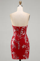 Laden Sie das Bild in den Galerie-Viewer, Glitzerndes Rotes Enges Strass Gerafftes Blumiges Trägerloses Kurzes Abendkleid