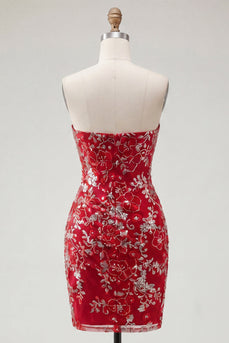 Glitzerndes rotes, enges kurzes, mit Perlen, gerafftes, blumiges, trägerloses Homecoming-Kleid