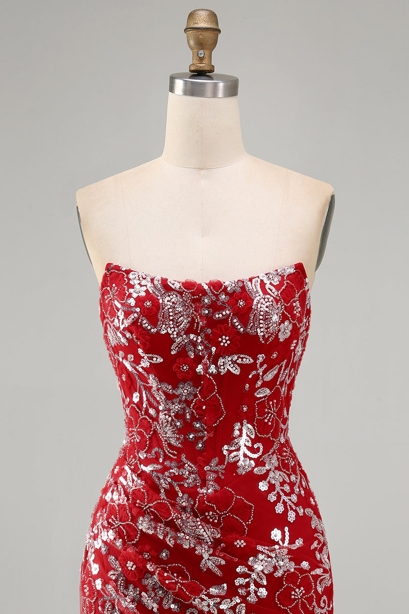 Laden Sie das Bild in den Galerie-Viewer, Glitzerndes Rotes Enges Strass Gerafftes Blumiges Trägerloses Kurzes Abendkleid