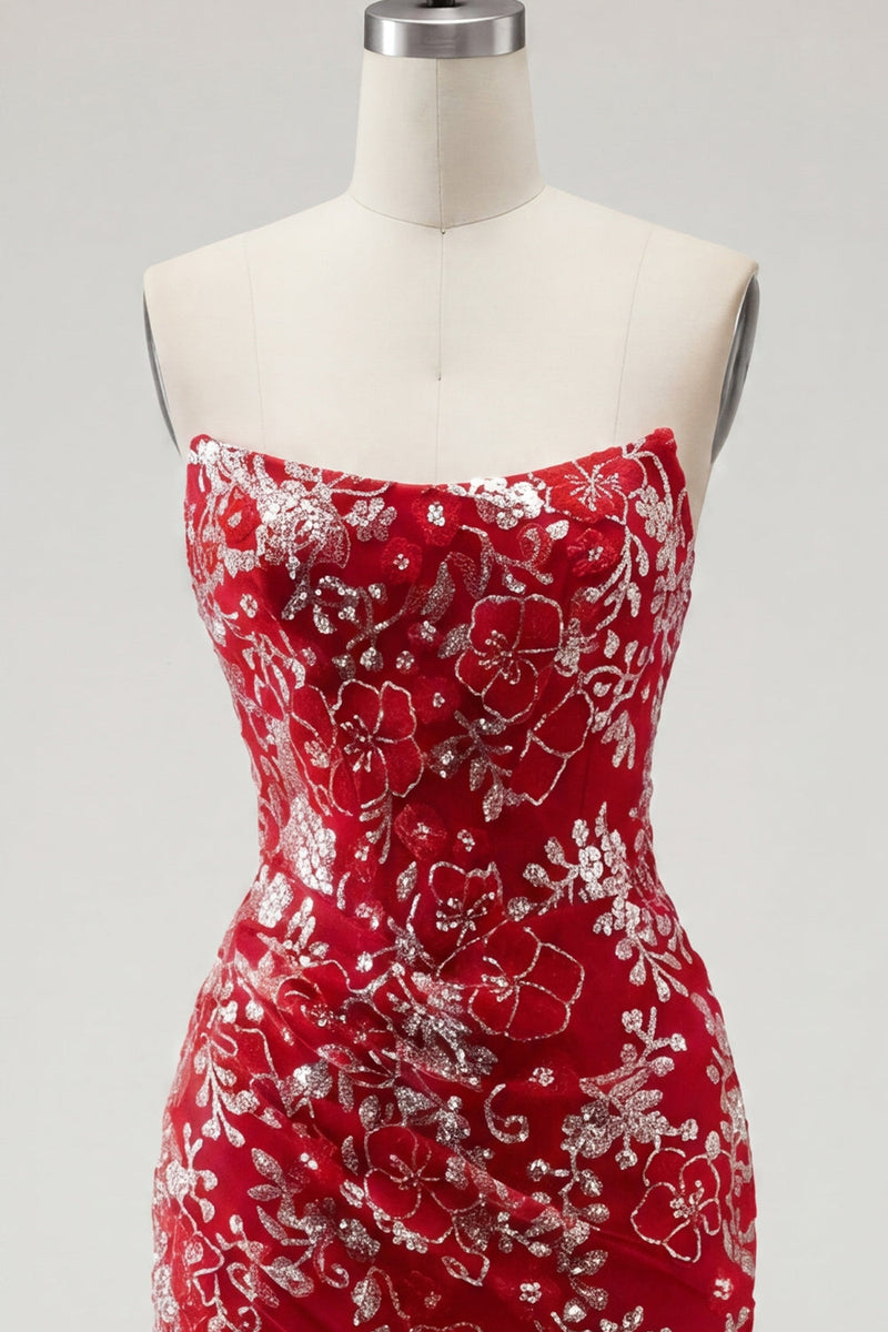 Laden Sie das Bild in den Galerie-Viewer, Glitzerndes rotes, enges kurzes, mit Perlen, gerafftes, blumiges, trägerloses Homecoming-Kleid
