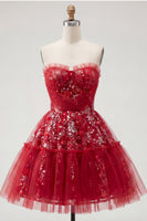 Laden Sie das Bild in den Galerie-Viewer, Glitzerndes rotes A-Line kurzes, gerafftes Blumen-Homecoming-Kleid mit Rüschen