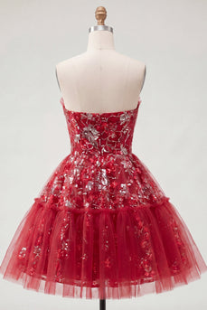 Glitzerndes rotes A-Line kurzes, gerafftes Blumen-Homecoming-Kleid mit Rüschen