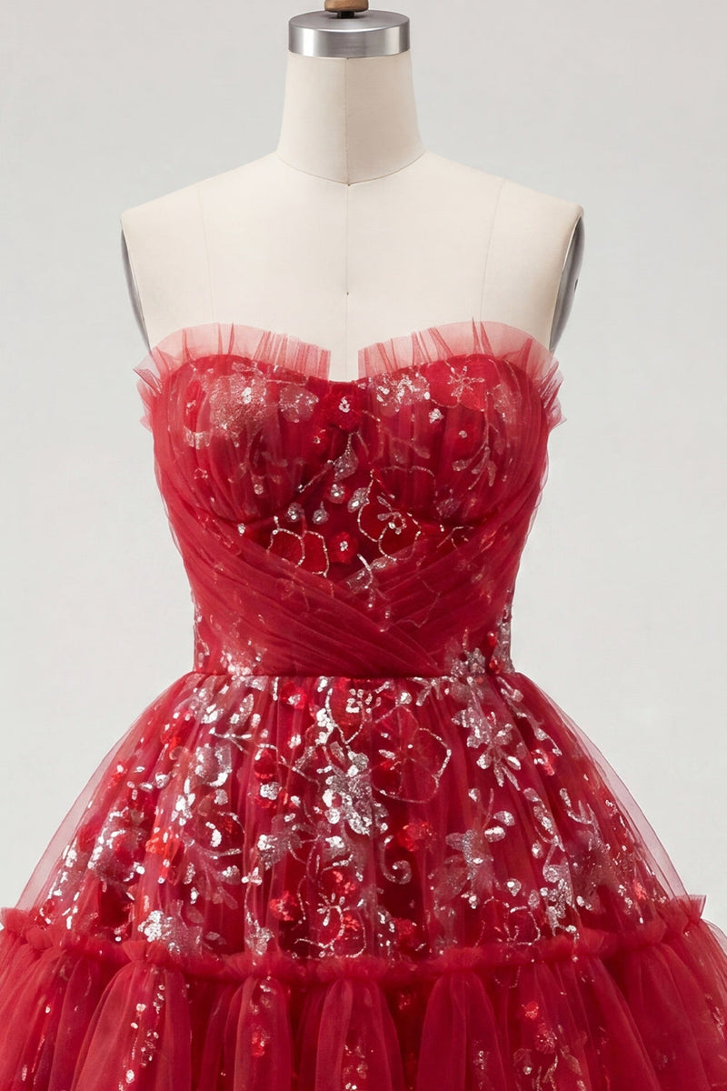 Laden Sie das Bild in den Galerie-Viewer, Glitzerndes rotes A-Line kurzes, gerafftes Blumen-Homecoming-Kleid mit Rüschen