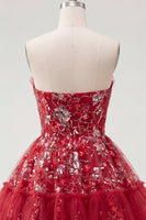 Laden Sie das Bild in den Galerie-Viewer, Glitzerndes rotes A-Line kurzes, gerafftes Blumen-Homecoming-Kleid mit Rüschen