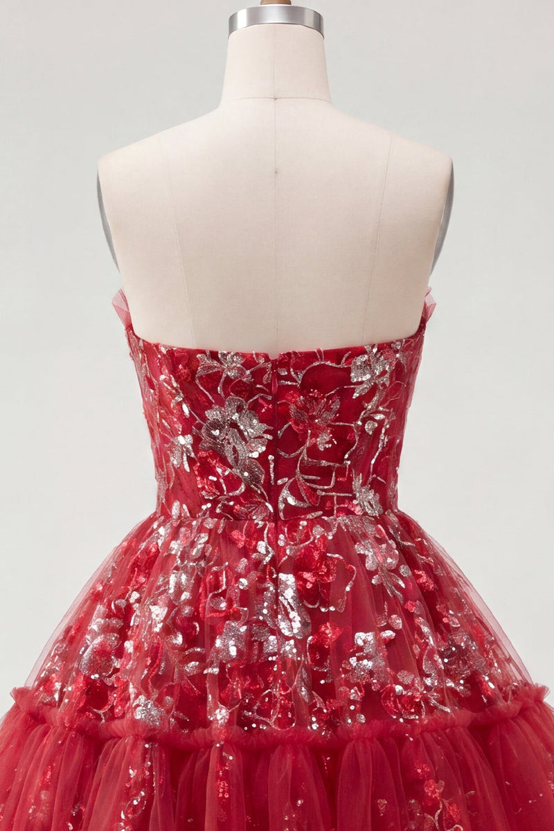 Laden Sie das Bild in den Galerie-Viewer, Glitzerndes rotes A-Line kurzes, gerafftes Blumen-Homecoming-Kleid mit Rüschen