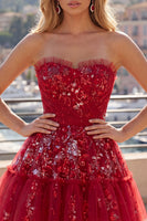 Laden Sie das Bild in den Galerie-Viewer, Glitzerndes rotes A-Line kurzes, gerafftes Blumen-Homecoming-Kleid mit Rüschen