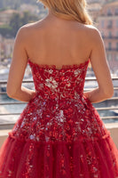 Laden Sie das Bild in den Galerie-Viewer, Glitzerndes rotes A-Line kurzes, gerafftes Blumen-Homecoming-Kleid mit Rüschen