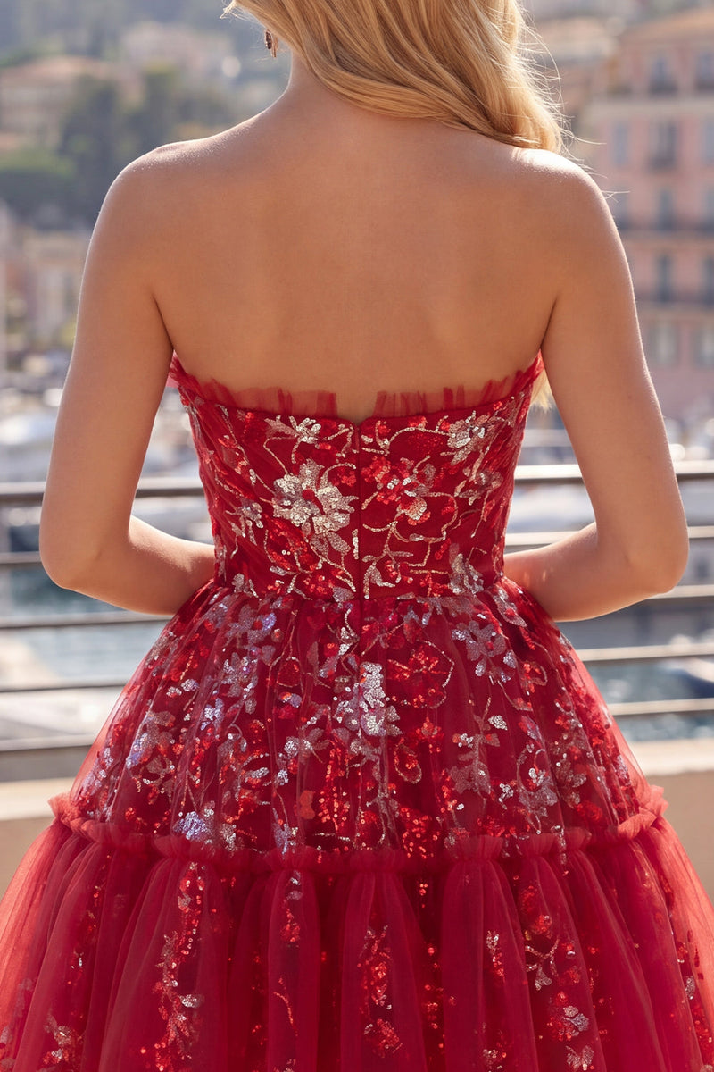 Laden Sie das Bild in den Galerie-Viewer, Glitzerndes rotes A-Line kurzes, gerafftes Blumen-Homecoming-Kleid mit Rüschen