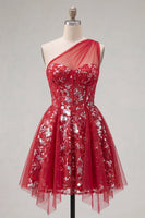 Laden Sie das Bild in den Galerie-Viewer, Glitzerndes rotes Blumenkleid mit kurzem Korsett und Rüschen