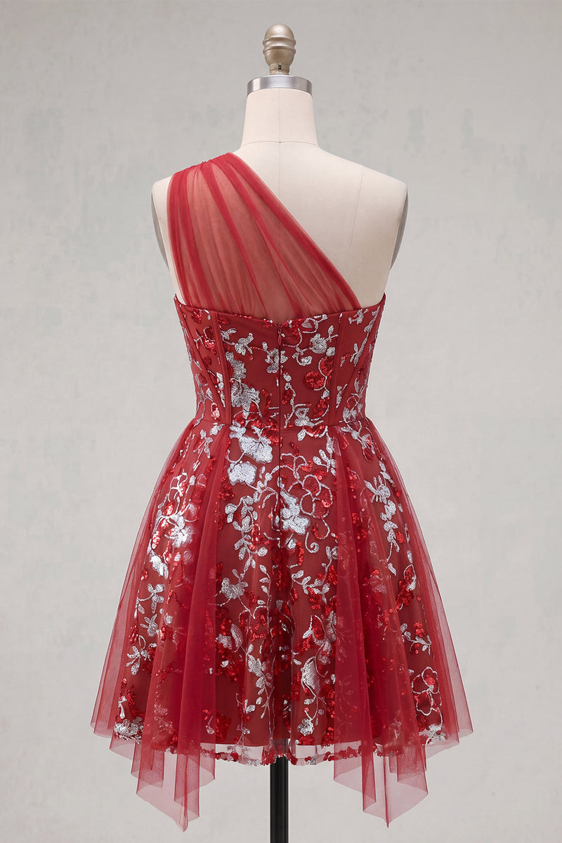 Laden Sie das Bild in den Galerie-Viewer, Glitzerndes rotes Blumenkleid mit kurzem Korsett und Rüschen
