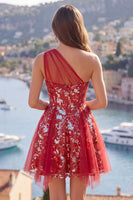 Laden Sie das Bild in den Galerie-Viewer, Glitzerndes rotes Blumenkleid mit kurzem Korsett und Rüschen