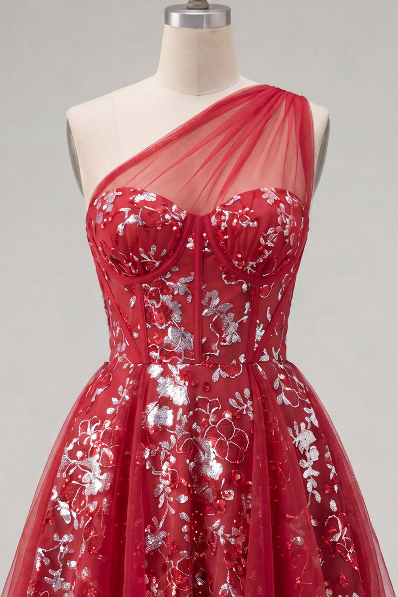 Laden Sie das Bild in den Galerie-Viewer, Glitzerndes rotes Blumenkleid mit kurzem Korsett und Rüschen