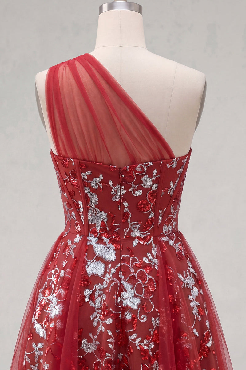 Laden Sie das Bild in den Galerie-Viewer, Glitzerndes rotes Blumenkleid mit kurzem Korsett und Rüschen