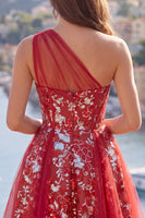 Laden Sie das Bild in den Galerie-Viewer, Glitzerndes rotes Blumenkleid mit kurzem Korsett und Rüschen