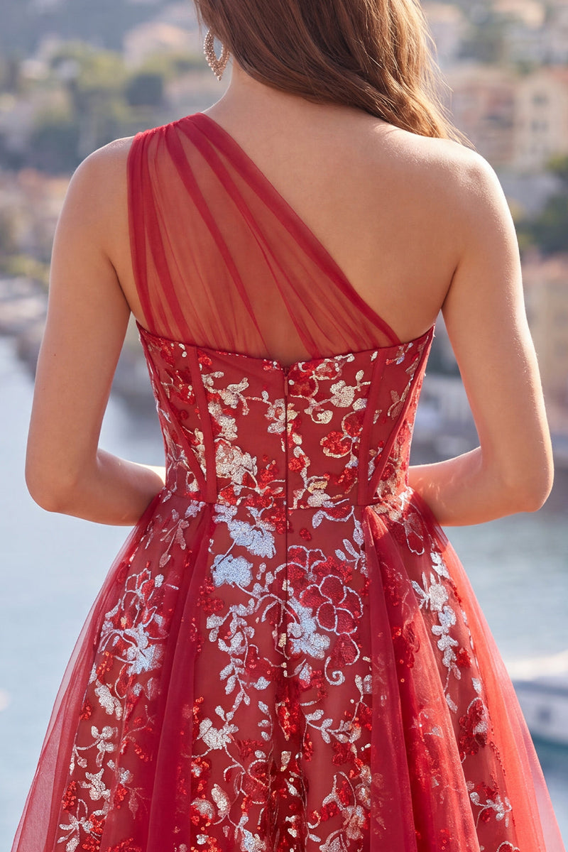 Laden Sie das Bild in den Galerie-Viewer, Glitzerndes rotes Blumenkleid mit kurzem Korsett und Rüschen
