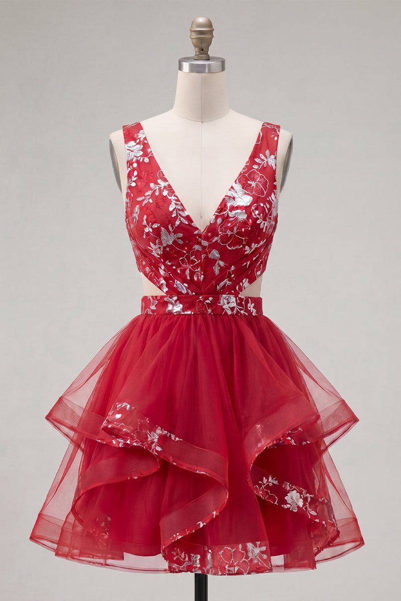 Laden Sie das Bild in den Galerie-Viewer, Rot geraffter Blumenschnitt mit kurzem Homecoming-Kleid mit Rüschen