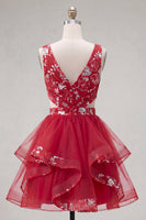 Laden Sie das Bild in den Galerie-Viewer, Rot geraffter Blumenschnitt mit kurzem Homecoming-Kleid mit Rüschen
