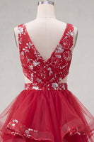 Laden Sie das Bild in den Galerie-Viewer, Rot geraffter Blumenschnitt mit kurzem Homecoming-Kleid mit Rüschen