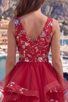 Laden Sie das Bild in den Galerie-Viewer, Rot geraffter Blumenschnitt mit kurzem Homecoming-Kleid mit Rüschen