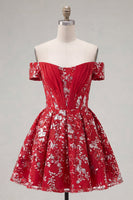 Laden Sie das Bild in den Galerie-Viewer, Glitzerndes rotes Blumenmuster A-Line kurzes Korsett-Homecoming-Kleid mit Perlen