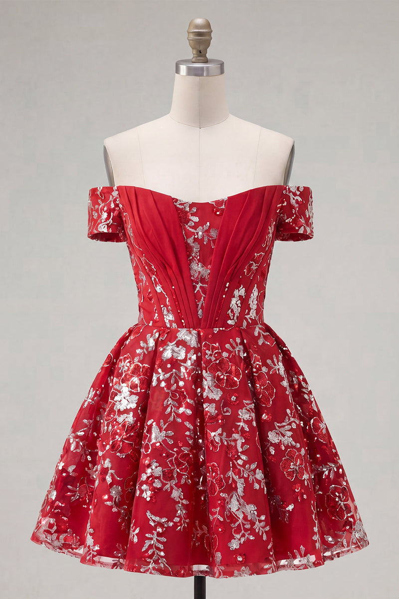 Laden Sie das Bild in den Galerie-Viewer, Glitzerndes rotes Blumenmuster A-Line kurzes Korsett-Homecoming-Kleid mit Perlen