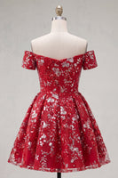 Laden Sie das Bild in den Galerie-Viewer, Glitzerndes rotes Blumenmuster A-Line kurzes Korsett-Homecoming-Kleid mit Perlen