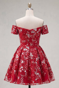 Glitzerndes rotes Blumenmuster A-Line kurzes Korsett-Homecoming-Kleid mit Perlen