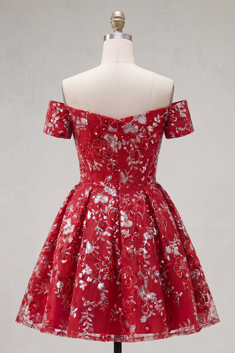 Laden Sie das Bild in den Galerie-Viewer, Glitzerndes rotes Blumenmuster A-Line kurzes Korsett-Homecoming-Kleid mit Perlen