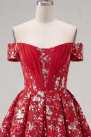 Laden Sie das Bild in den Galerie-Viewer, Glitzerndes rotes Blumenmuster A-Line kurzes Korsett-Homecoming-Kleid mit Perlen