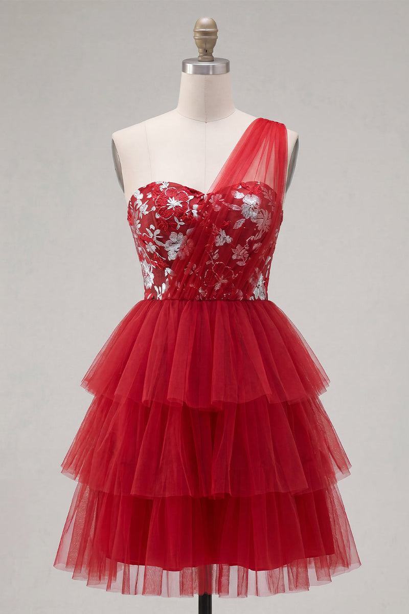 Laden Sie das Bild in den Galerie-Viewer, Blumiges rotes Einschulter-A-Linie kurzes Homecoming-Kleid mit Rüschen