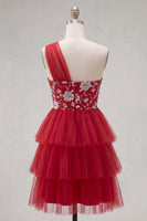 Laden Sie das Bild in den Galerie-Viewer, Blumiges rotes Einschulter-A-Linie kurzes Homecoming-Kleid mit Rüschen