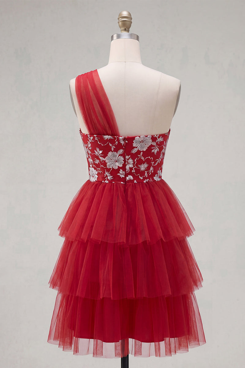 Laden Sie das Bild in den Galerie-Viewer, Blumiges rotes Einschulter-A-Linie kurzes Homecoming-Kleid mit Rüschen