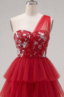 Laden Sie das Bild in den Galerie-Viewer, Blumiges rotes Einschulter-A-Linie kurzes Homecoming-Kleid mit Rüschen