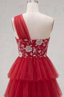 Laden Sie das Bild in den Galerie-Viewer, Blumiges rotes Einschulter-A-Linie kurzes Homecoming-Kleid mit Rüschen