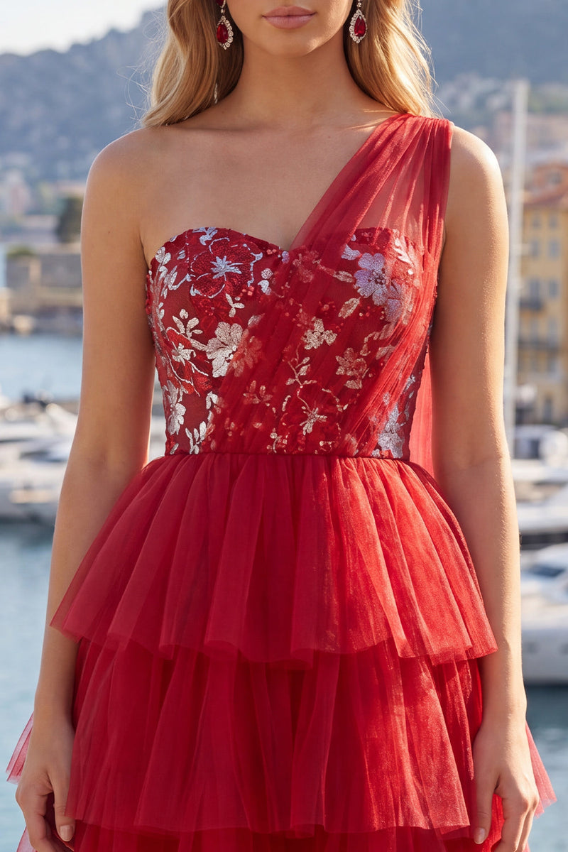 Laden Sie das Bild in den Galerie-Viewer, Blumiges rotes Einschulter-A-Linie kurzes Homecoming-Kleid mit Rüschen