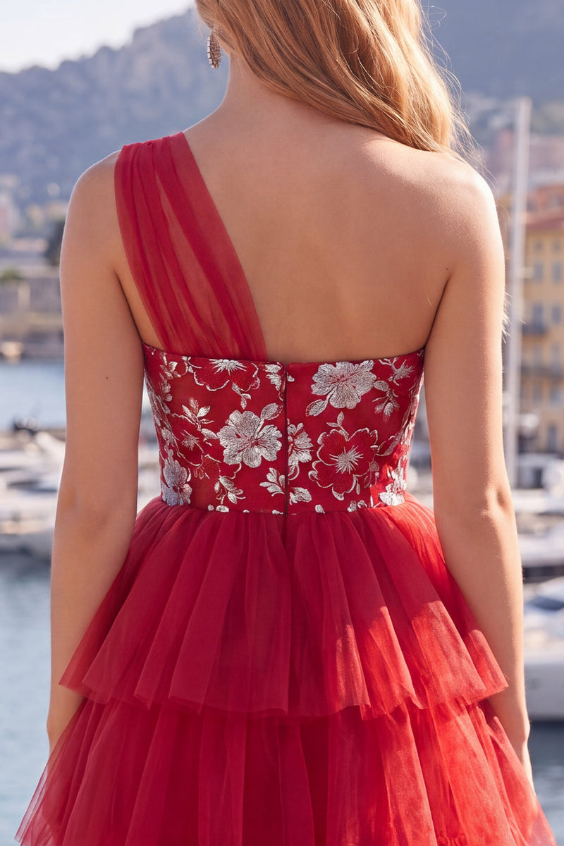 Laden Sie das Bild in den Galerie-Viewer, Blumiges rotes Einschulter-A-Linie kurzes Homecoming-Kleid mit Rüschen