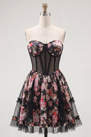 Laden Sie das Bild in den Galerie-Viewer, Schwarze Pink Blume A-Linie Trägerloses Korsett Kurzes Homecoming-Kleid