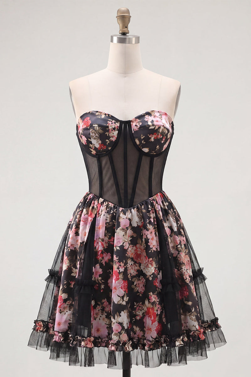 Laden Sie das Bild in den Galerie-Viewer, Schwarze Pink Blume A-Linie Trägerloses Korsett Kurzes Homecoming-Kleid