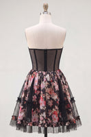 Laden Sie das Bild in den Galerie-Viewer, Schwarze Pink Blume A-Linie Trägerloses Korsett Kurzes Homecoming-Kleid