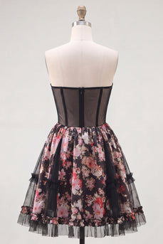 Schwarze Pink Blume A-Linie Trägerloses Korsett Kurzes Homecoming-Kleid