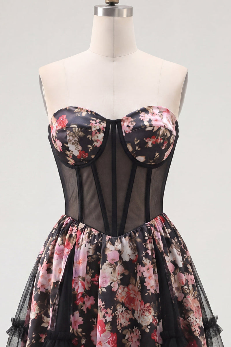 Laden Sie das Bild in den Galerie-Viewer, Schwarze Pink Blume A-Linie Trägerloses Korsett Kurzes Homecoming-Kleid