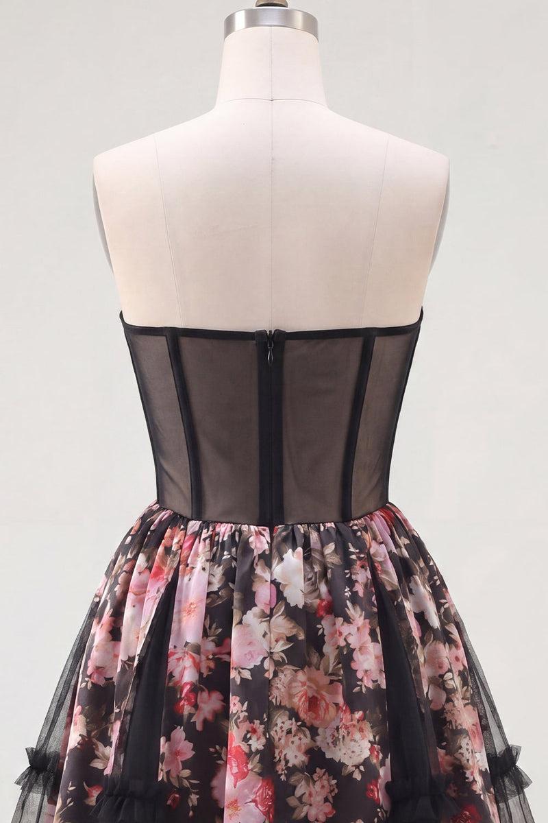 Laden Sie das Bild in den Galerie-Viewer, Schwarze Pink Blume A-Linie Trägerloses Korsett Kurzes Homecoming-Kleid