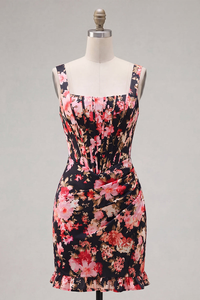 Laden Sie das Bild in den Galerie-Viewer, Schwarzes, rosafarbenes Blumen-Enges kurzes, dickes Korsett-Kleid zum Homecoming-Abend mit Rüschen