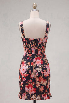 Schwarzes, rosafarbenes Blumen-Enges kurzes, dickes Korsett-Kleid zum Homecoming-Abend mit Rüschen