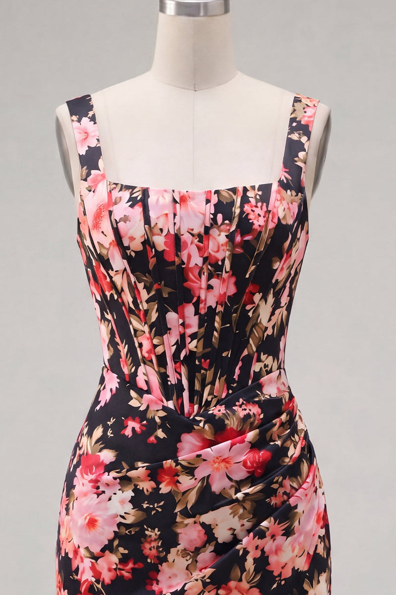 Laden Sie das Bild in den Galerie-Viewer, Schwarzes, rosafarbenes Blumen-Enges kurzes, dickes Korsett-Kleid zum Homecoming-Abend mit Rüschen